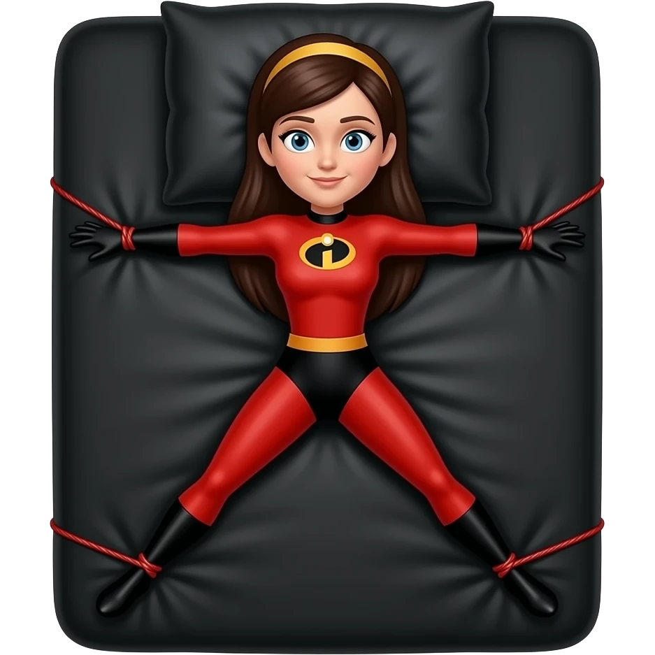 Violet Parr,Incredibles, red suit, yellow head band, long black hair,  Tied to a black bed, arms and legs spread, tied to the corners of the bed, black sheets, black pillow red silk ropes emoji