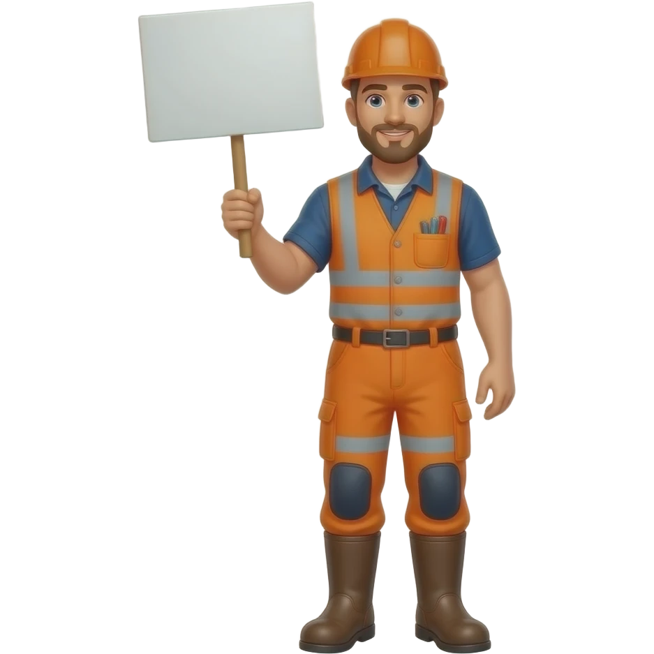 man standing in boots and orange hi-vis overalls with sleeves holding a sign emoji