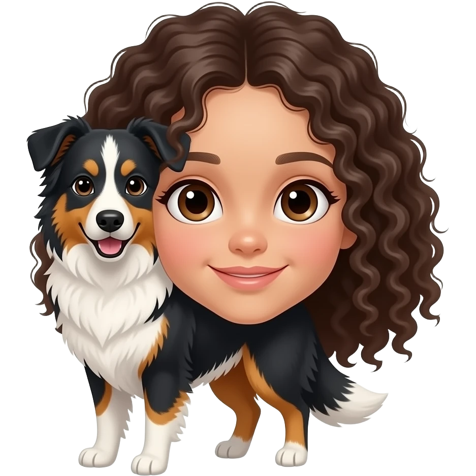 generate a set of emojis based on this image. there should be an Australian shepherd in full bloom with a tricolor and a girl with brown eyes, curly hair, and dark hair emoji