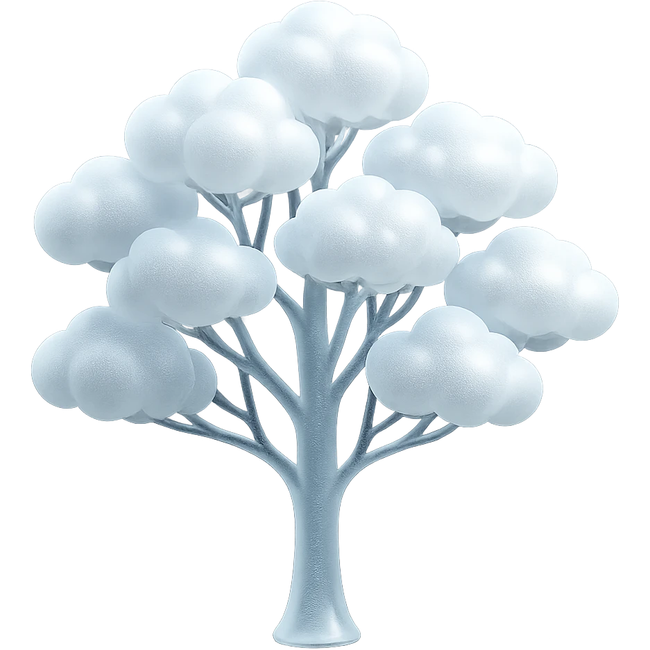 one tree with many branches and a white trunk, crown made of small very bright white fluffy convex clouds, matte glass style emoji