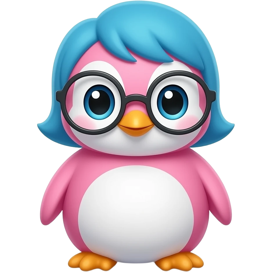 baby pink penguin with glassess and blue hair, just face emoji