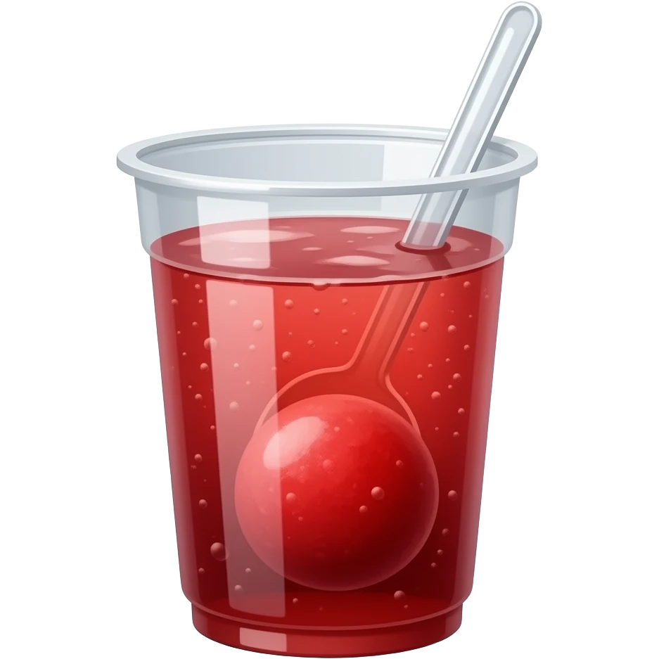 A clear disposable plastic cup filled with bright red juice, slightly translucent with tiny bubbles visible in the liquid. Inside the drink there is a round red frozen fruit or ice sphere, and a small transparent plastic spoon leaning inside the cup. emoji