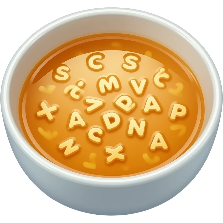 a low bowl of soup with small pasta alphabet letters swimming around on the surface of the soup emoji