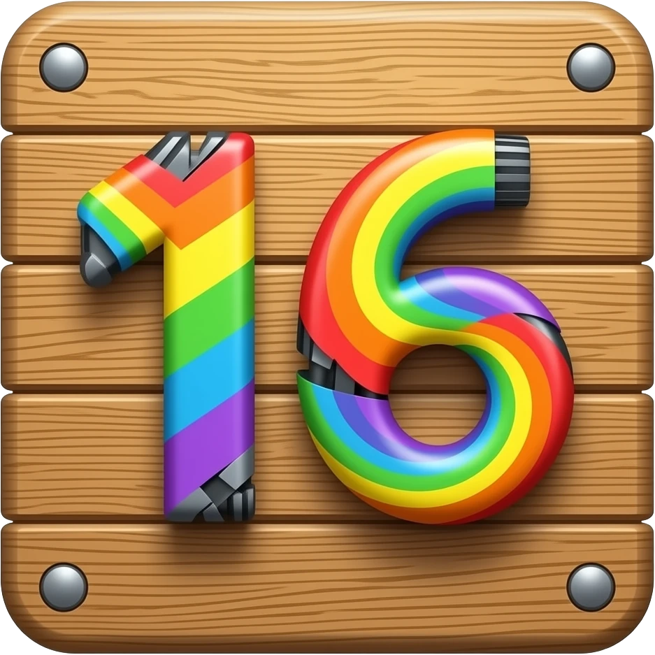 A  colorful 16 on a wooden board the colors are swirling and its like a rainbow and it looks like a machine emoji