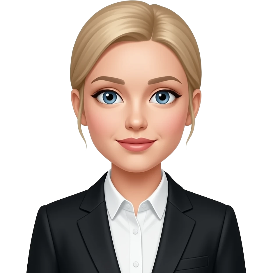 A medium shot of a young, blonde woman in a black suit jacket and white shirt. Her hair is pulled back neatly, and her makeup is subtle. emoji
