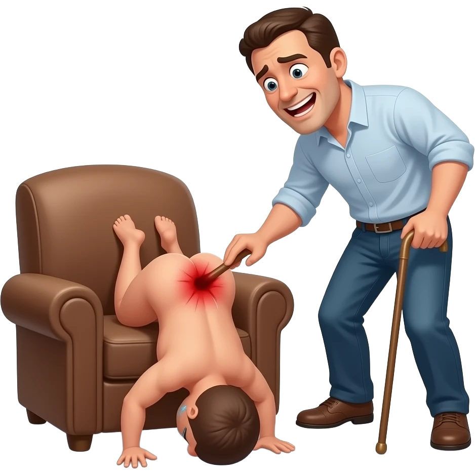 A cruelly smiling clothed man with a thin cane savagely beating the bottom of a small, crying, naked man bending over the back of a brown armchair, his head down on the floor, buttocks up high and his red buttocks very bruised, and emoji