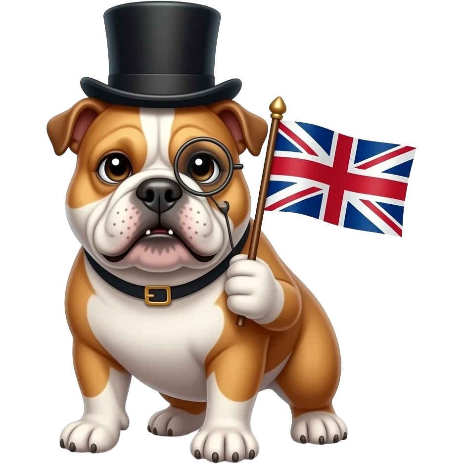 British bulldog wearing a top hat and monocle holding a British flag and stand like a human emoji