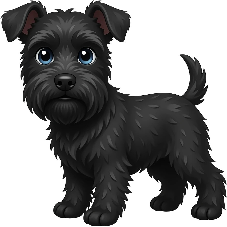 black mini schnoodle dog with grey-blue eyes emoji