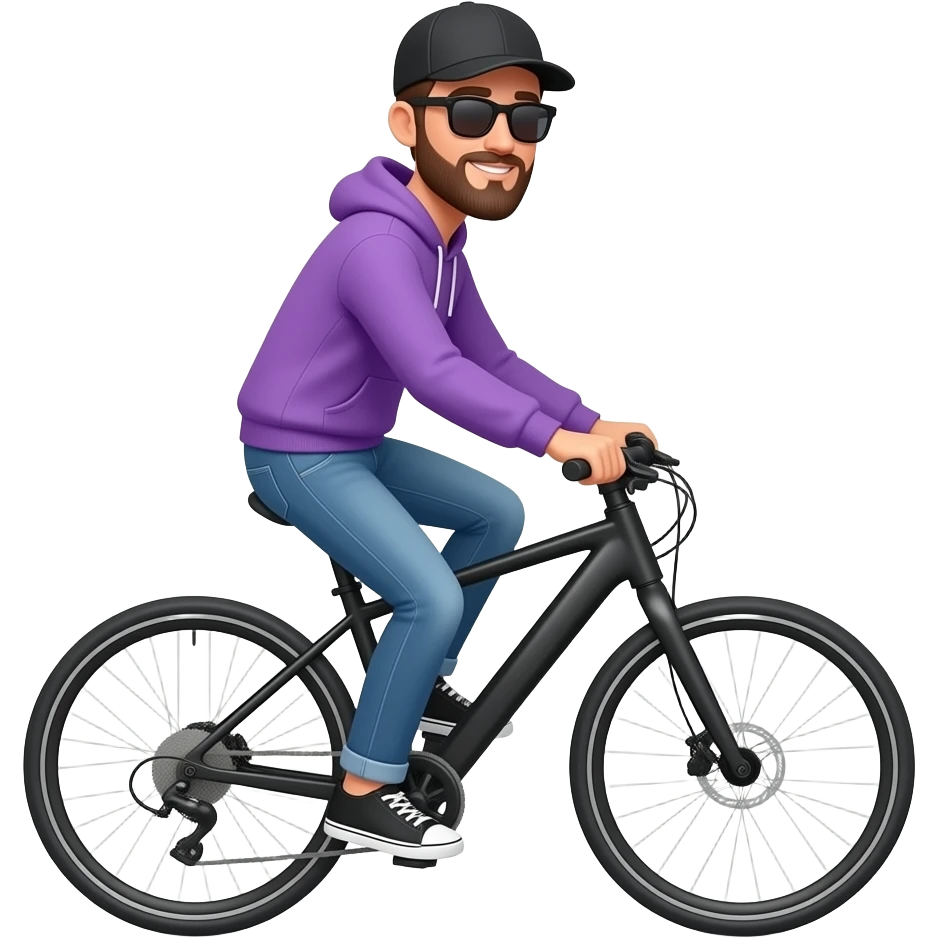 tall skinny guy with black basecap, circle-beard, purple hoodie, sunglasses and jeans rides a black e-bike with nature in the  background. emoji