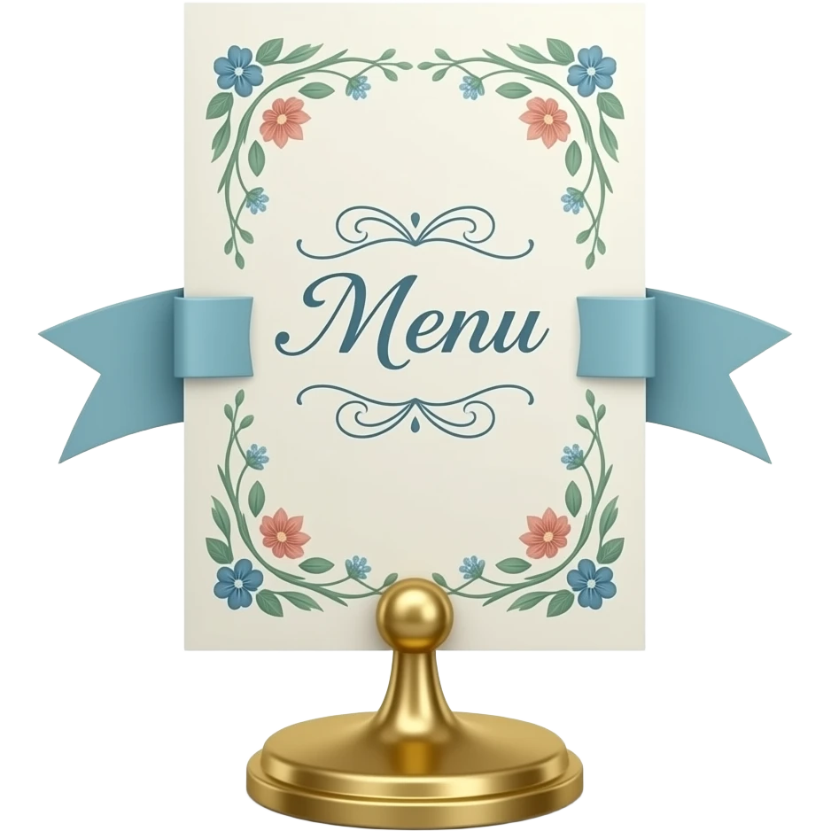 3D emoji of a wedding menu card on a small gold stand, with elegant ...