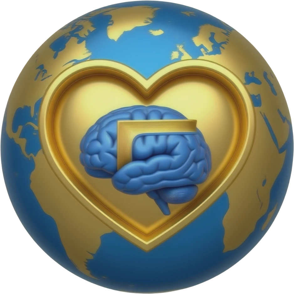 add a big gold heart in the middle of the blue and golden globe and a blue brain in the middle of the heart and a gold book in the middle of the brain emoji
