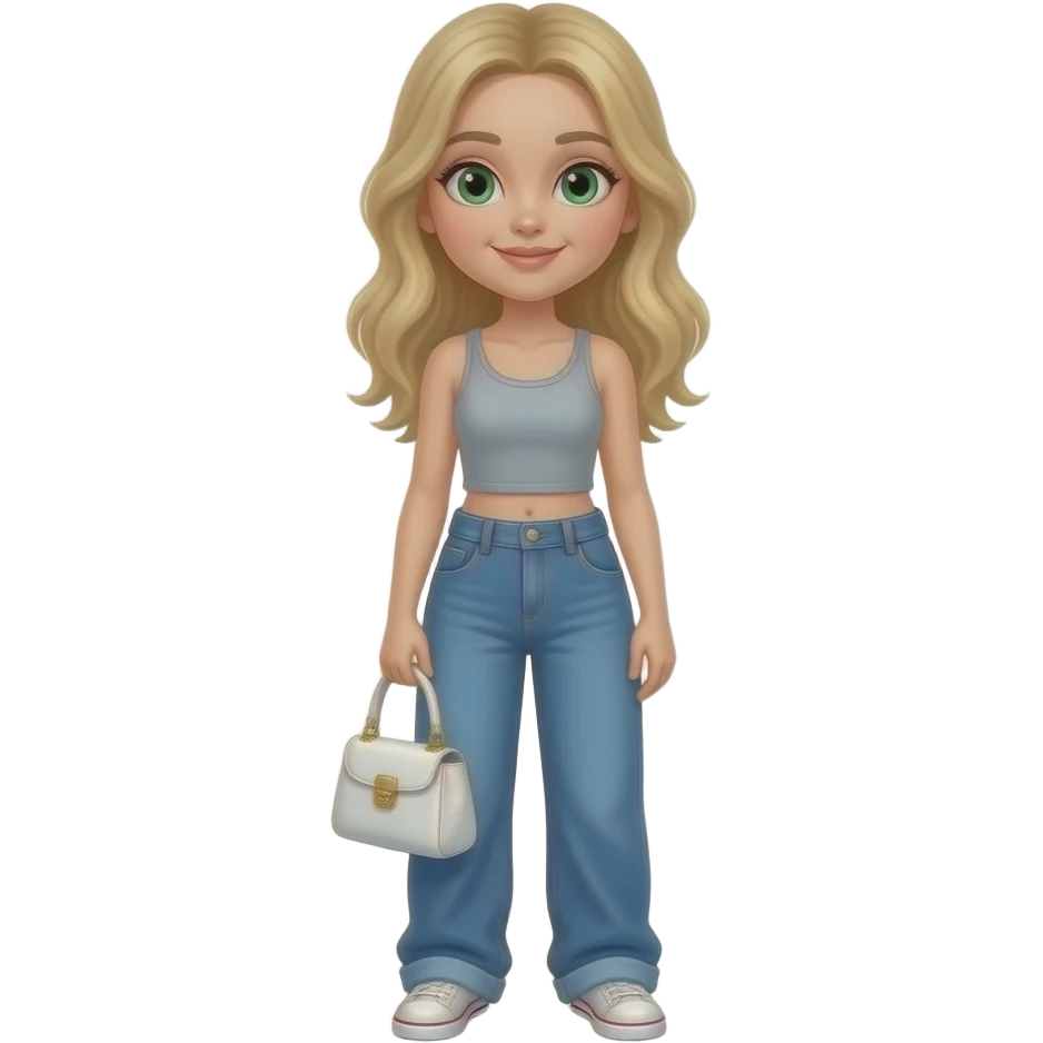 fille aux cheveux blond avec un jean large bleu et un débardeur gris un sac à main blanc des yeux verts gris emoji