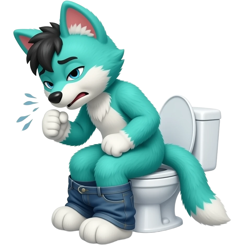 cyan fursuit sitting on toilet, side view , pants down, pushing, straining face,  uncomfortable, constipation , emoji