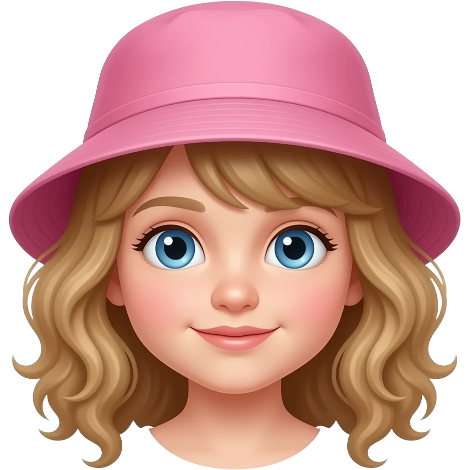 white kid blue eyes mid length with bangs soft curly hair to shoulders in color: middle to little darker blond, in a pink bucket hat, go on adventure outside emoji