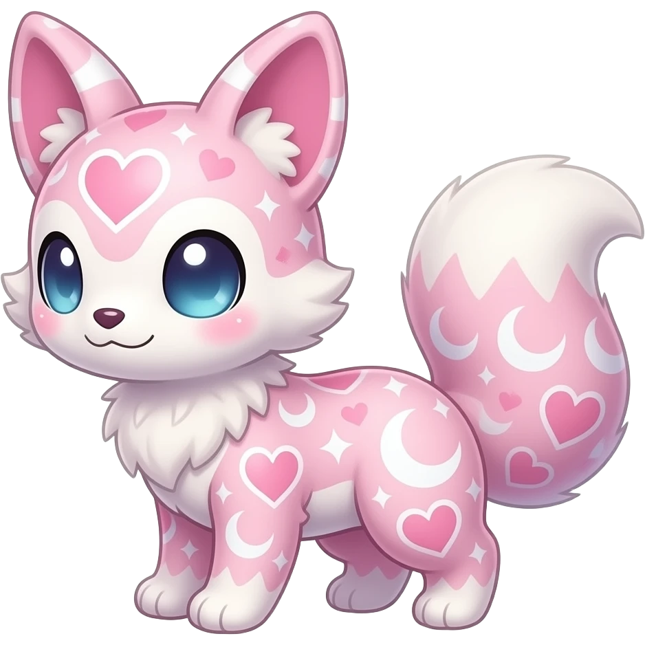 Rosy beautiful gorgeous pretty Petite shiny glossy sparkly romantic pastel damask Absol-Sylveon-Milotic-Minccino-Furret-Fakemon-hybrid with heart and moon patterns emoji