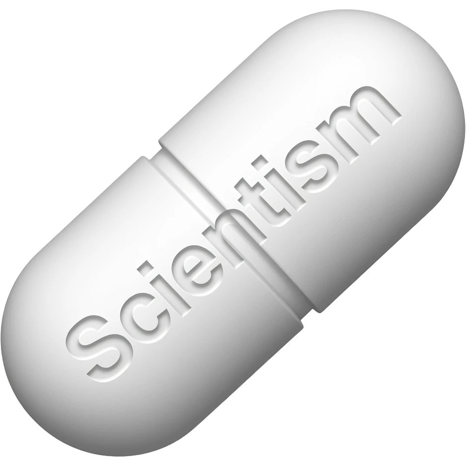 A single white solid oblong pill with "Scientism" engraved in it at a 45 degree angle emoji