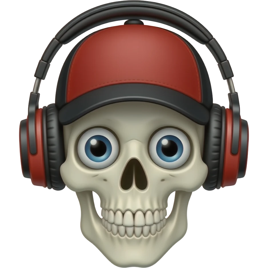 A skeleton with big eyeballs wearing a black and red baseball cap with a black brim  and black and red DJ headphones emoji