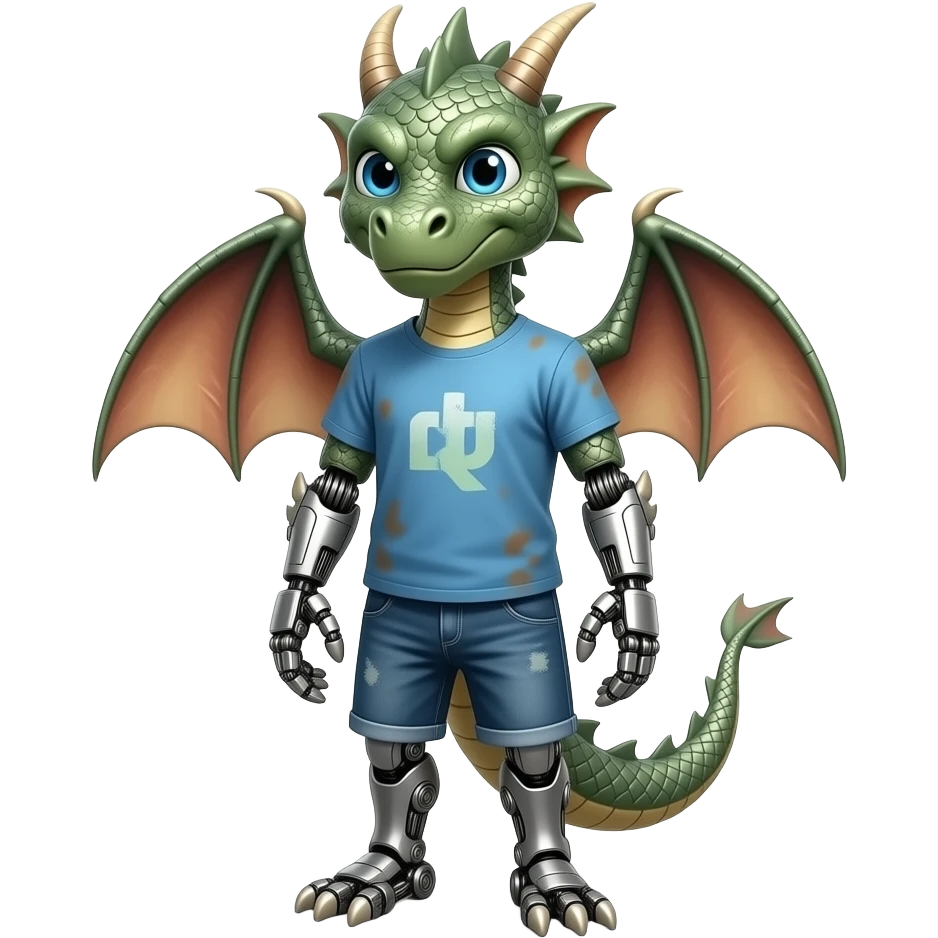 A humanoid robot dragon wearing a tee shirt and shorts emoji