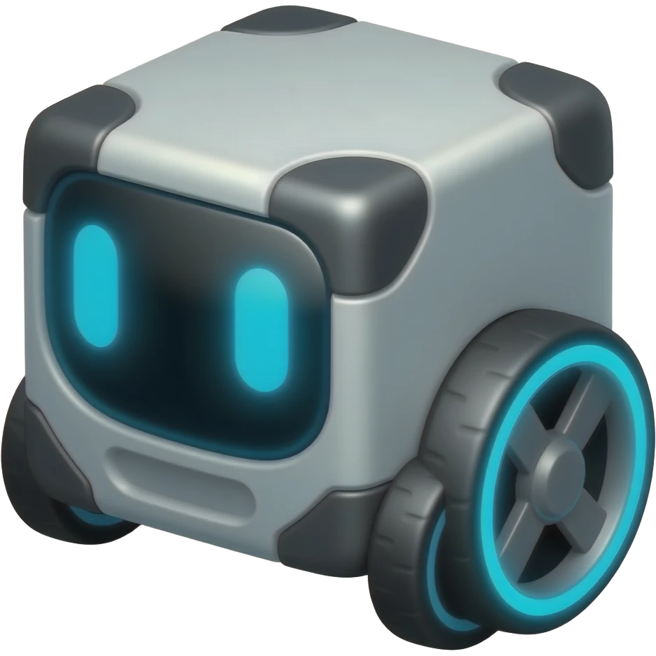 a futuristic wheeled cube with blue led eyes emoji