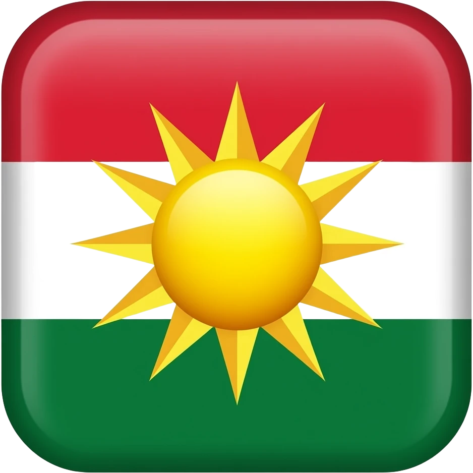 its a flag devided into 3 equal parts, red on top, white in the middle, and green on the bottom, in the middle of the flag there is a sun, the sun has 21 lines spread in a circular shape around the middle of the flag emoji