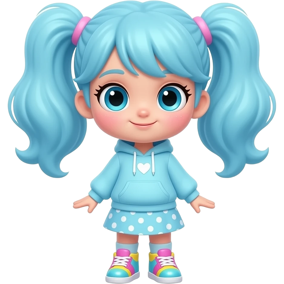 Cotton Candy Blue Full-body chibi girl, oversized head, tiny body, cotton candy blue skin, fluffy pigtails, pastel hoodie, skirt, colorful sneakers emoji