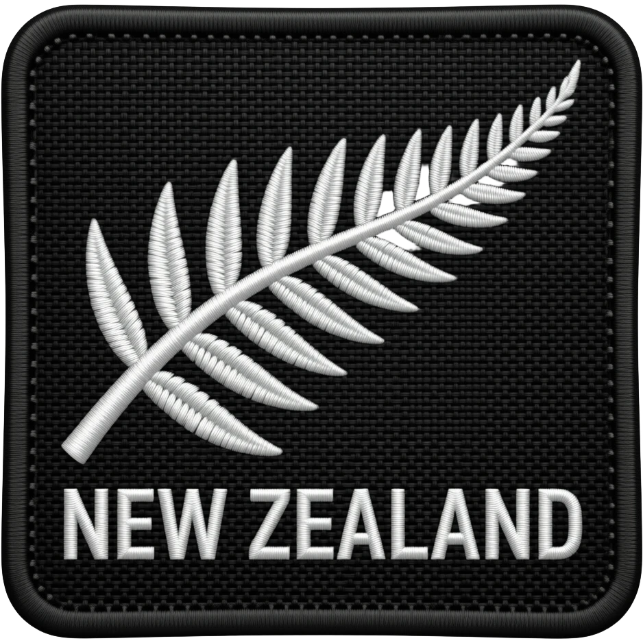 imperfect rustic authentic used silver fern white on black embroidery with text below- 'NEW ZEALAND' emoji