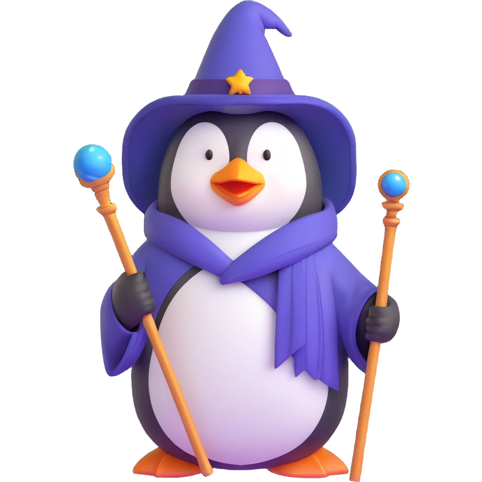 penguin wizard with staff and magical robe emoji
