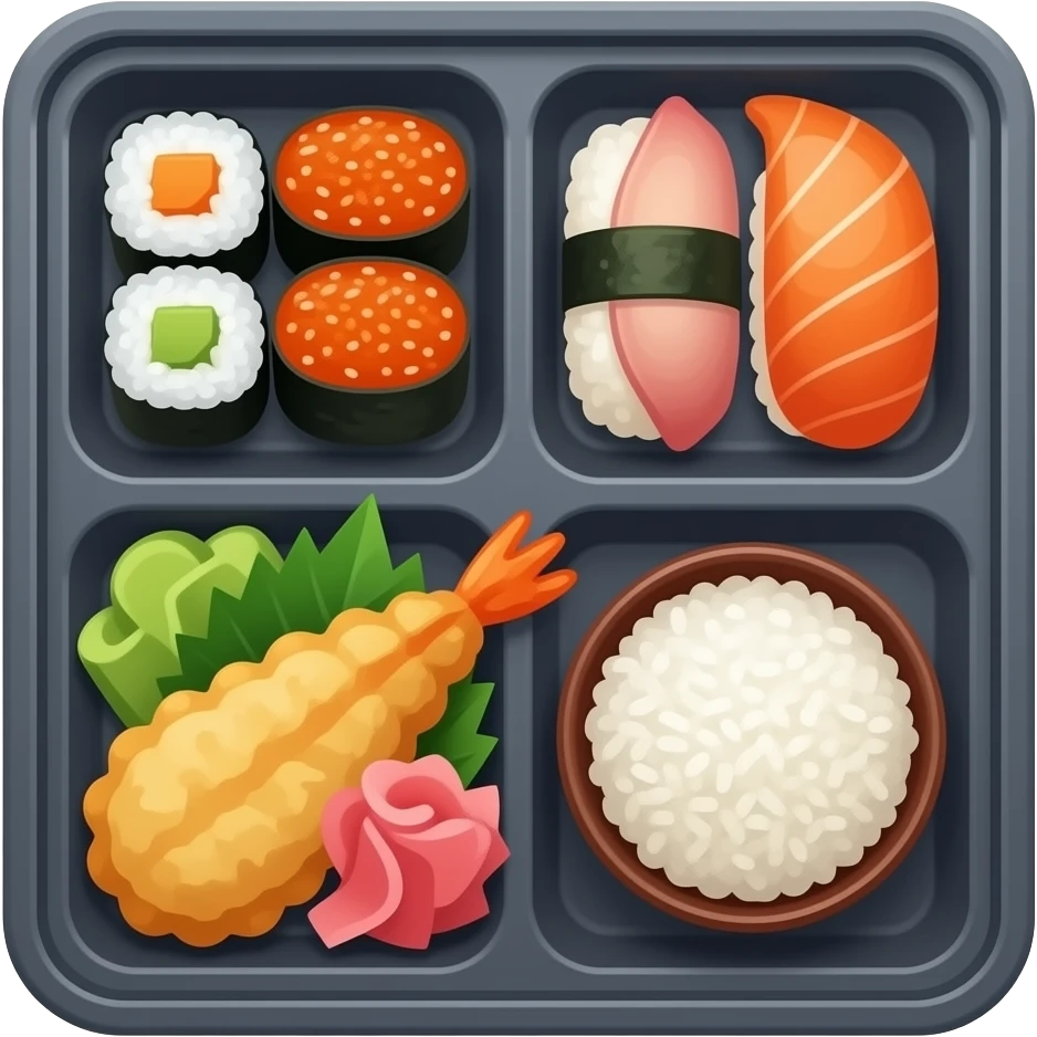 dark grey bento box top view with compartments filled with Japanese food emoji
