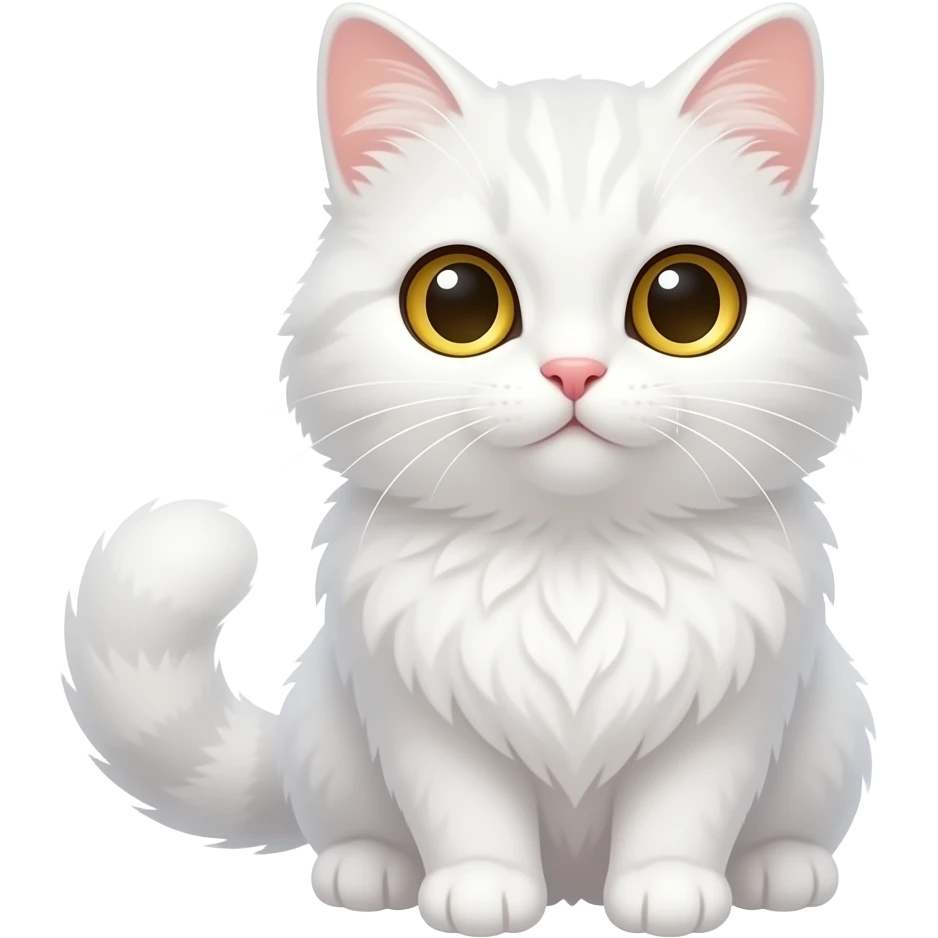 cute white cat with golden eyes, fluffy fur, polished chibi style, discord emote, twitch emote, transparent background, thick clean outline, soft shading, expressive face, high contrast, love emoji