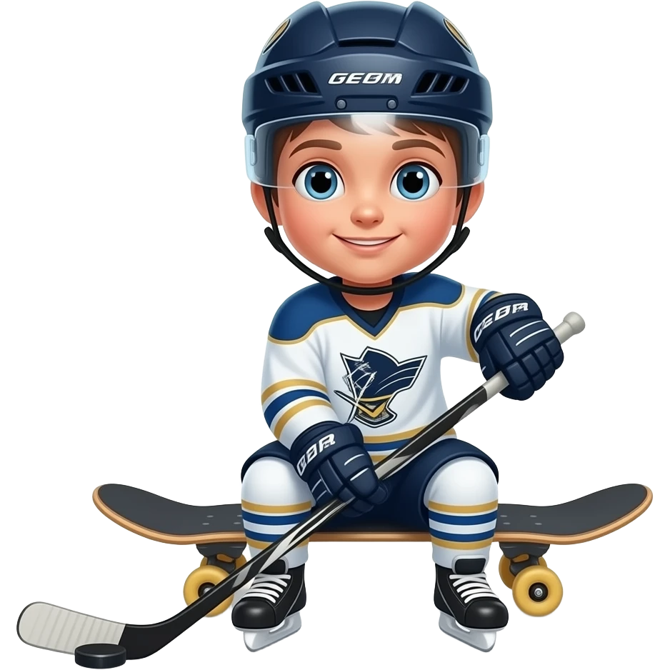 en liten gutt som sitter på en akebrett og spiller hockey emoji