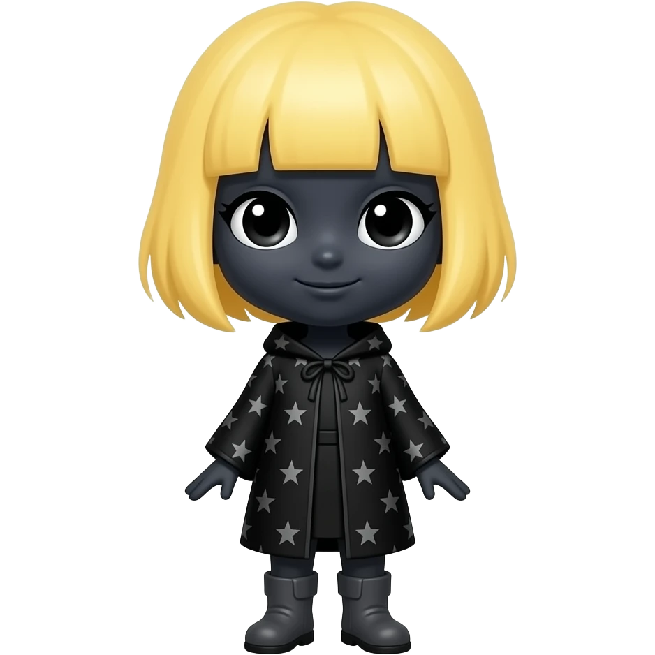 A small female eclipse entity mascot, large head and small body, with ...