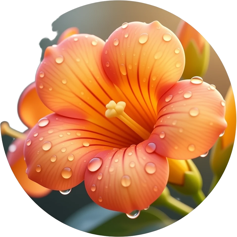 Realistic close-up of Campsis flowers with dew drops on petals, warm ...