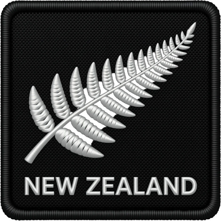 slight rustic authentic used silver fern white on black embroidery with text below- 'NEW ZEALAND' emoji