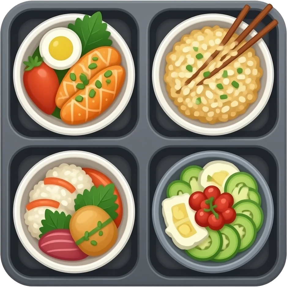 dark grey bento box top view with compartments filled with Japanese food emoji