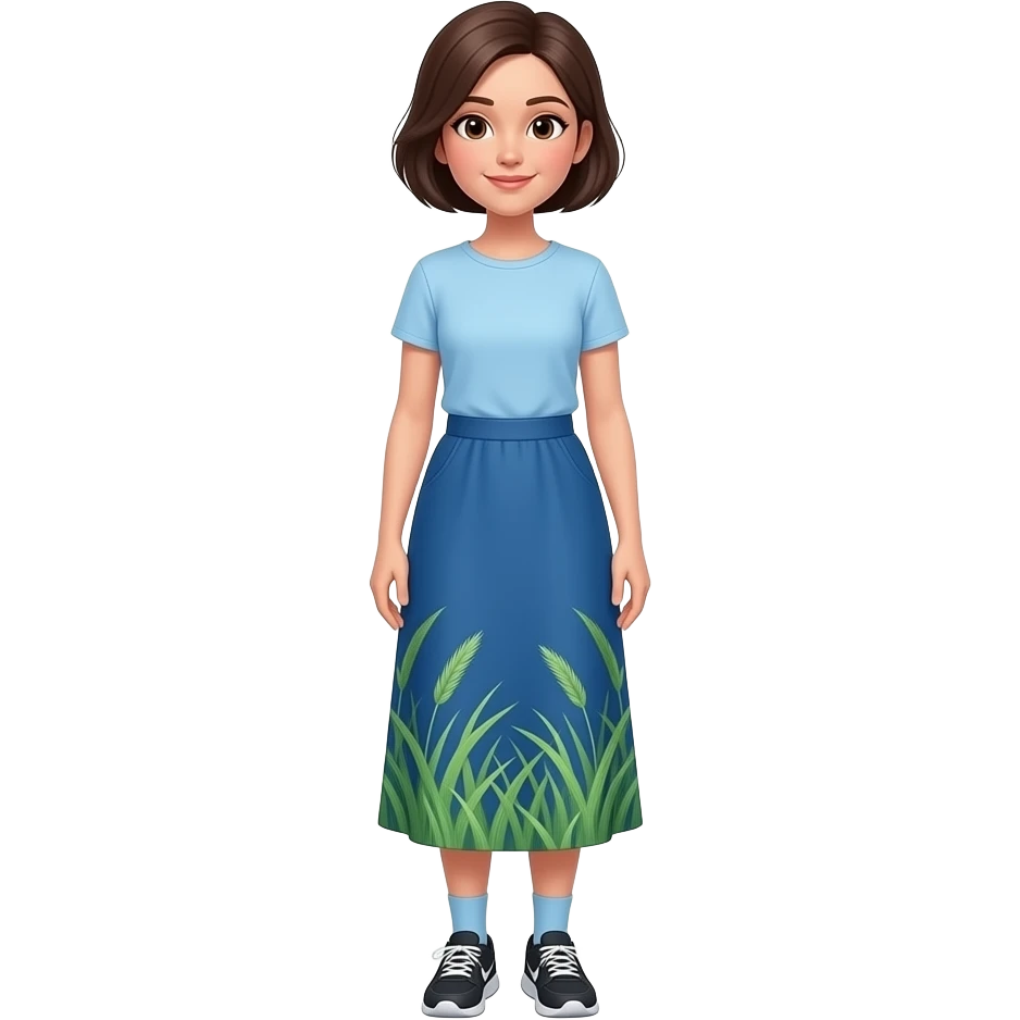 full body White/Fair skinned woman, very short dark brown hair, brown eyes and wearing a long blue skirt with a grass/plant pattern, a light blue t-shirt, pale blue socks and black running shoes. emoji