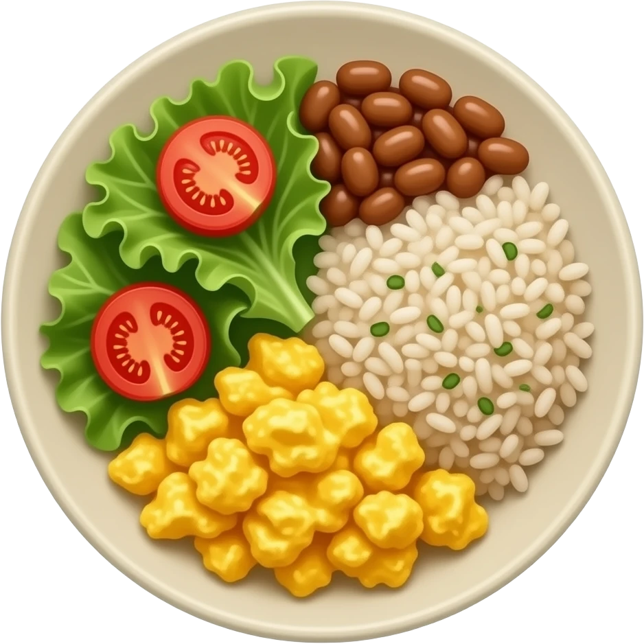 Prato de comida de porcelana beje bem fitnees, com salada de alface e rodelas de tomate arroz feijão eovo mexido emoji