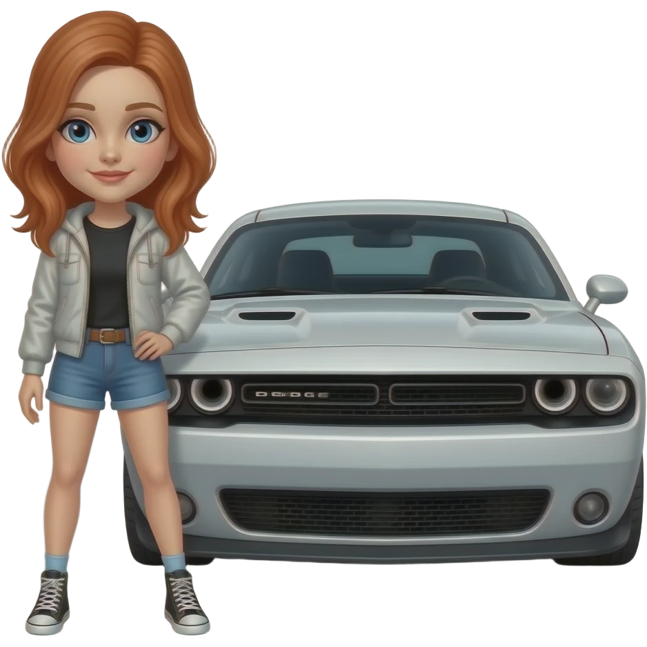 Рыжая девушка с голубыми глазами стоит около dodge challenger emoji