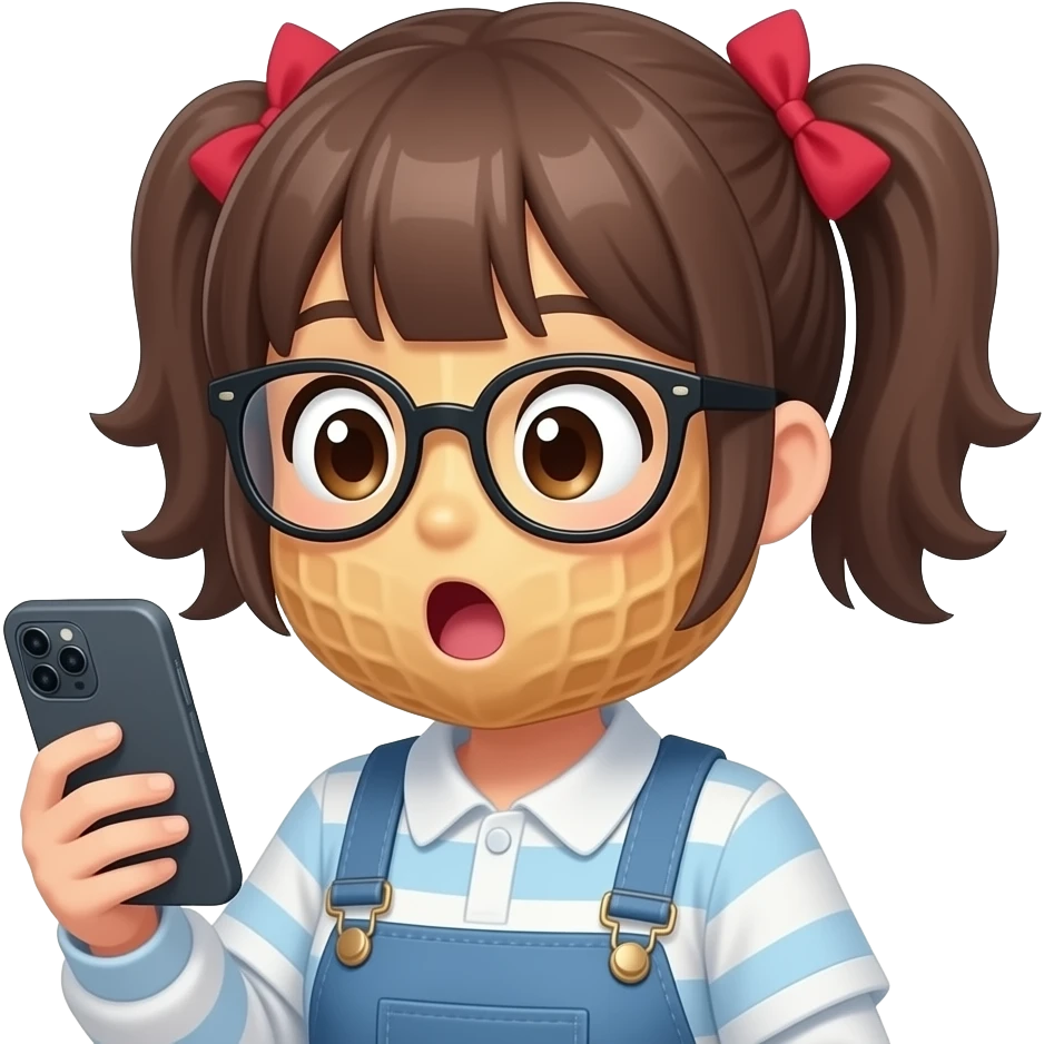 An anthropomorphic peanut -that looks like a peanut with a peanut face -  wearing glasses, drawn anime style girl hairstyle and clothes, holding a phone and looking at it in shock emoji