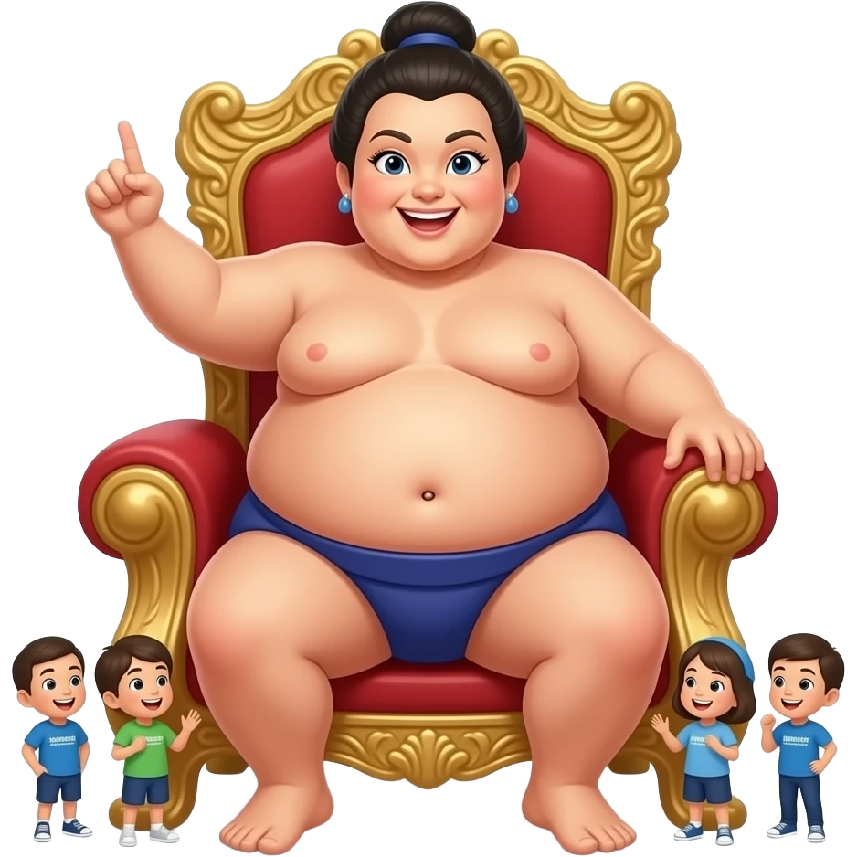A female sumo warrior rests on a throne bench,with a cutely playful gesture she hangs out her overstuffed obese exposed belly,so the tiny volunteer admirers can use the girl’s vulnerable belly to bounce on,The female giant giggles because her bellybutton is ticklish. emoji