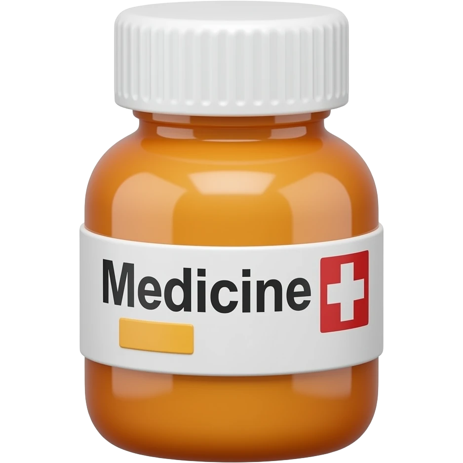 Create a cute 3D emoji icon of an orange medicine bottle with a white cap and white label. Add the word “Medicine” and a red medical plus sign on the front. Glossy plastic, rounded shape, soft shadows. Transparent background, no logo. emoji