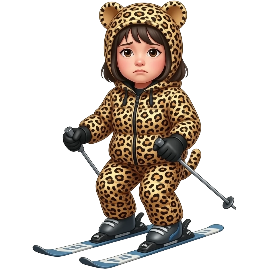 Depressed Fat Asian girl on ski with leopard ski suit emoji