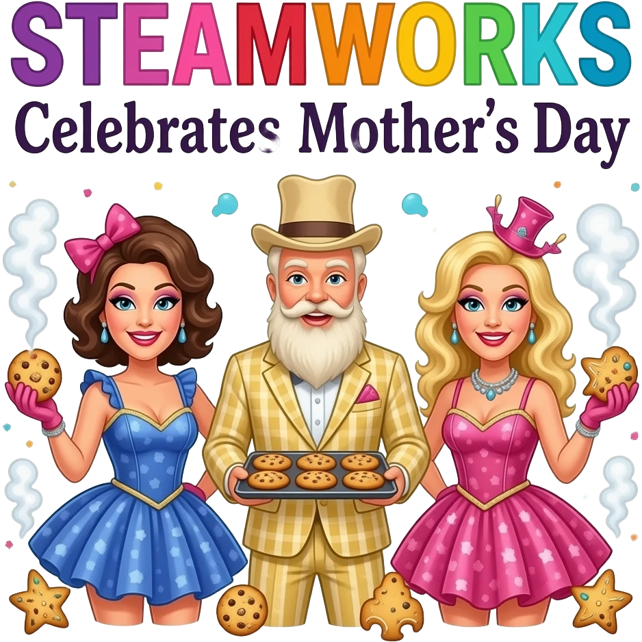 Poster "SteamWorks, celebrates Mothers Day"  "Freshly baked cookie scent in all stalls." With bearded drag queen moms  theme. emoji