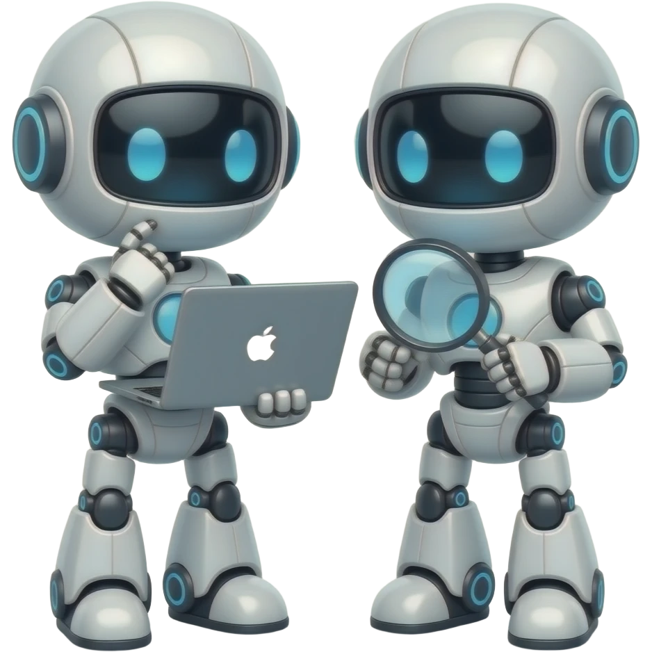 cute 2 robots use 1 mac book , use together -- 1 of them acting like thinking, another one hold mignifying glass, they try to find sth on macbook emoji