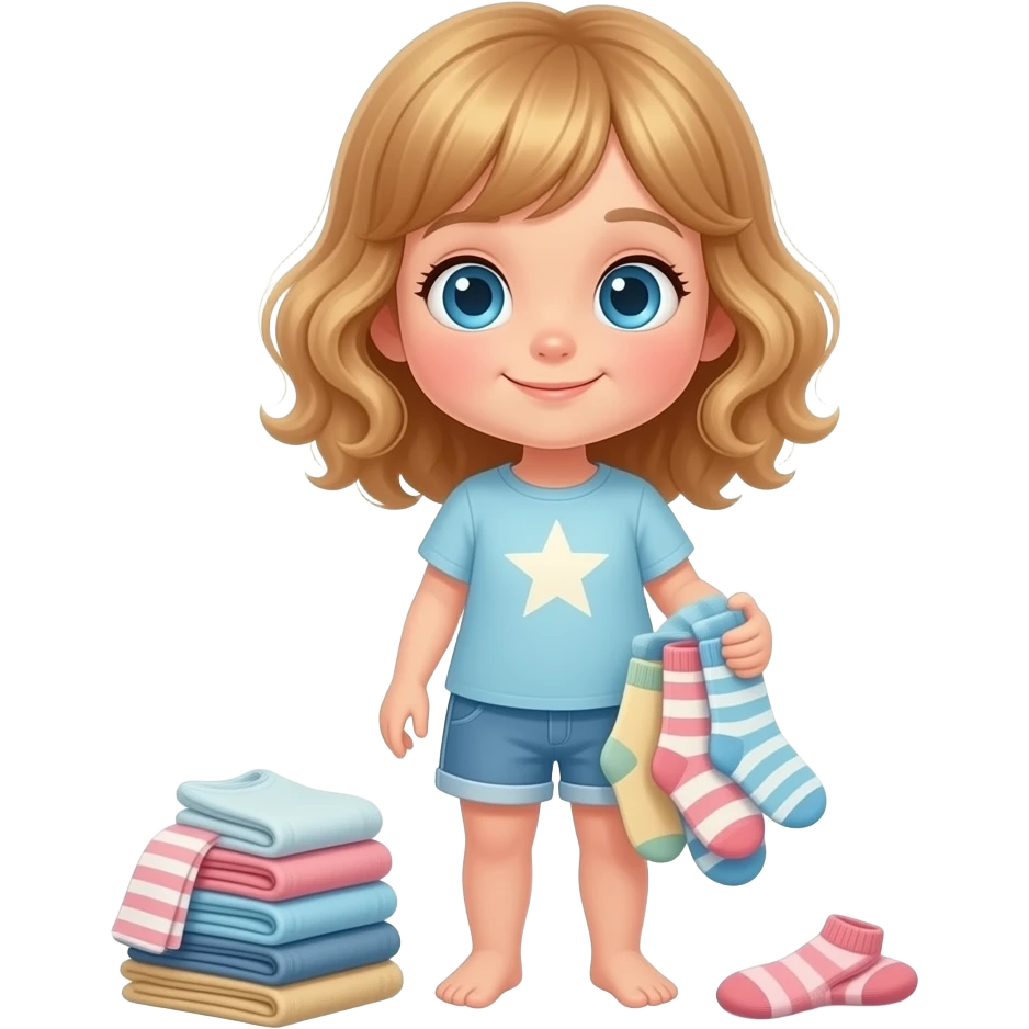 white kid blue eyes mid length with bangs soft curly hair to shoulders in color: middle to little darker blond, prepare outfit for tomorrow, a short trousers and socks folded in a pile by her side emoji