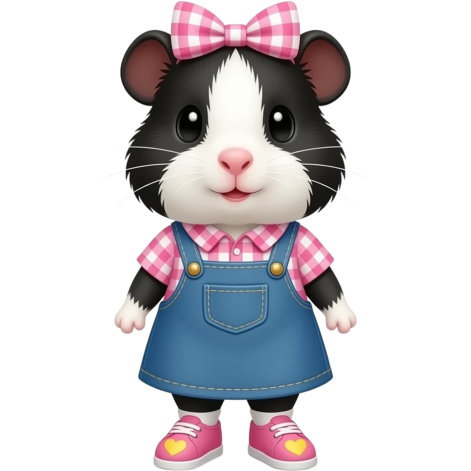 black and white guinea pig with pink gingham shirt, jean dress, pink shoes with yellow hearts and a pink gingham bow emoji