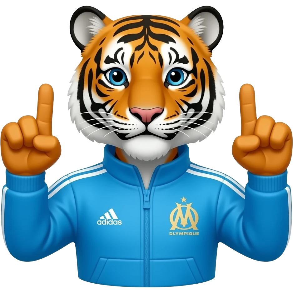 buste tigre en survetement adidas couleur de l'olympique de marseille faisant le signe de JUL des deux mains pouce et index ouverts emoji