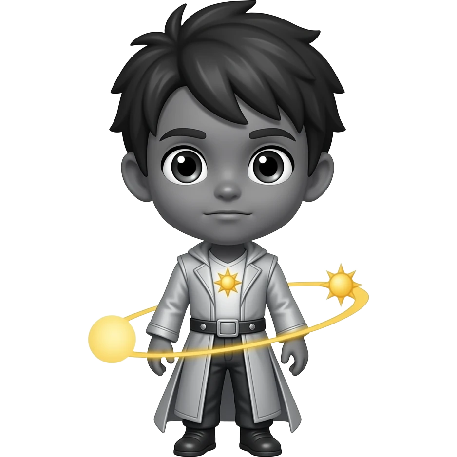 A chibi boy from an eclipse kingdom, full body, charcoal-grey skin ...