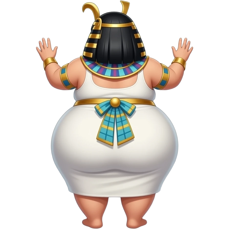 African Anime extremely fat big booty a white female creature cosplaying Egyptian girl showing back her buttocks with putting her hands behind the wall with her white dress emoji
