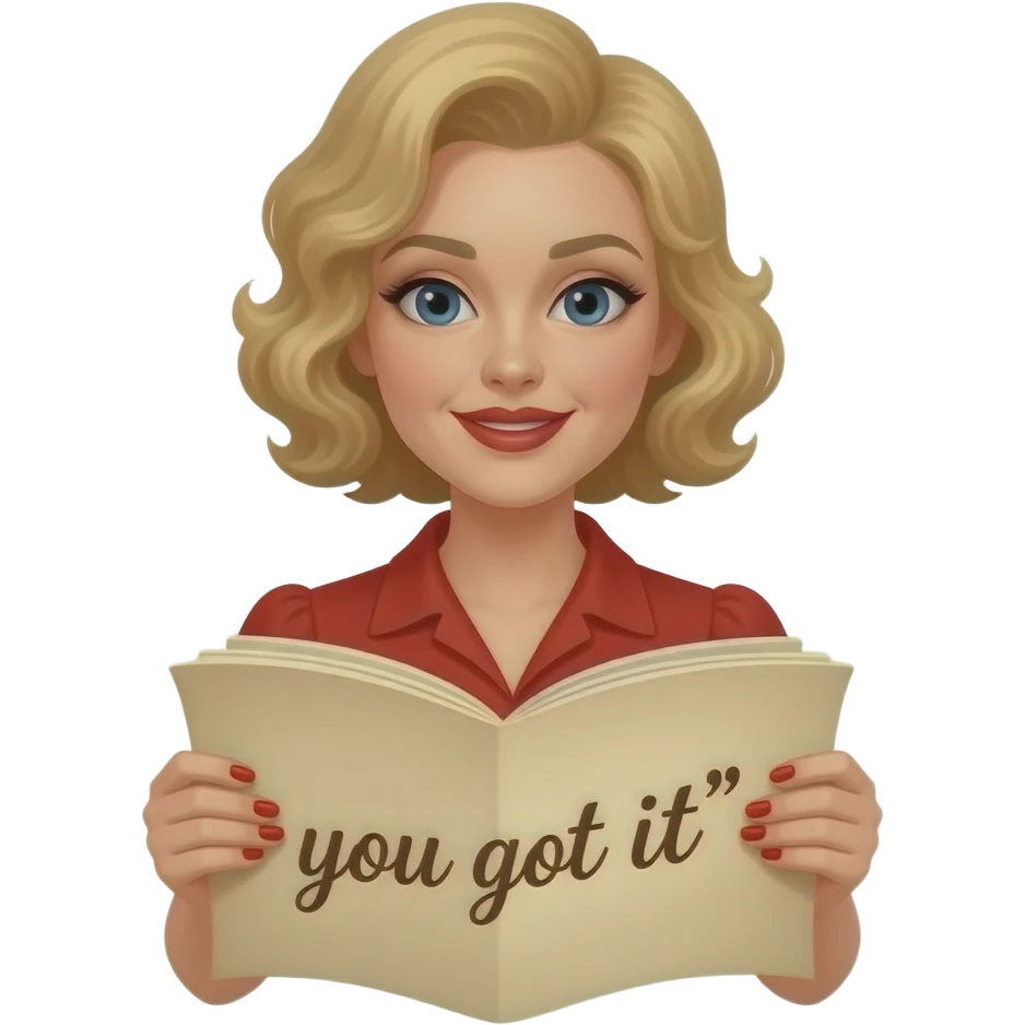 Short curly blond hair side swept Holding an open scroll saying you got it with red nail polish, brown lipstick and red vintage dress emoji