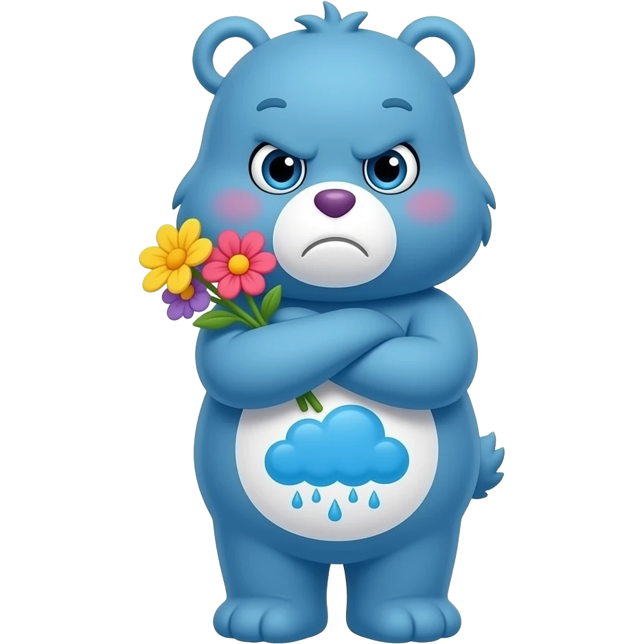 3D render iPhone emoji PNG of grumpy bear from Care Bears. Blue fur with white belly and a blue rain cloud in his stomach; crossing his arms adverting his eyes while holding flowers blushing emoji